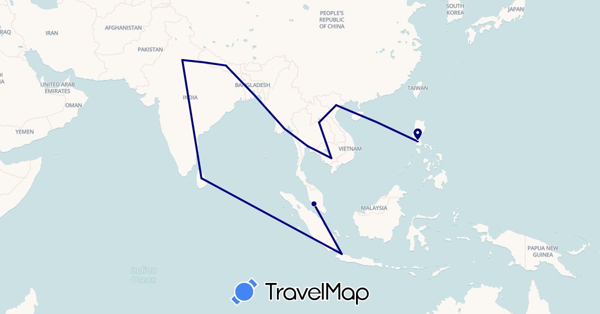 TravelMap itinerary: driving in Indonesia, India, Cambodia, Laos, Sri Lanka, Myanmar (Burma), Malaysia, Nepal, Philippines, Thailand, Vietnam (Asia)
